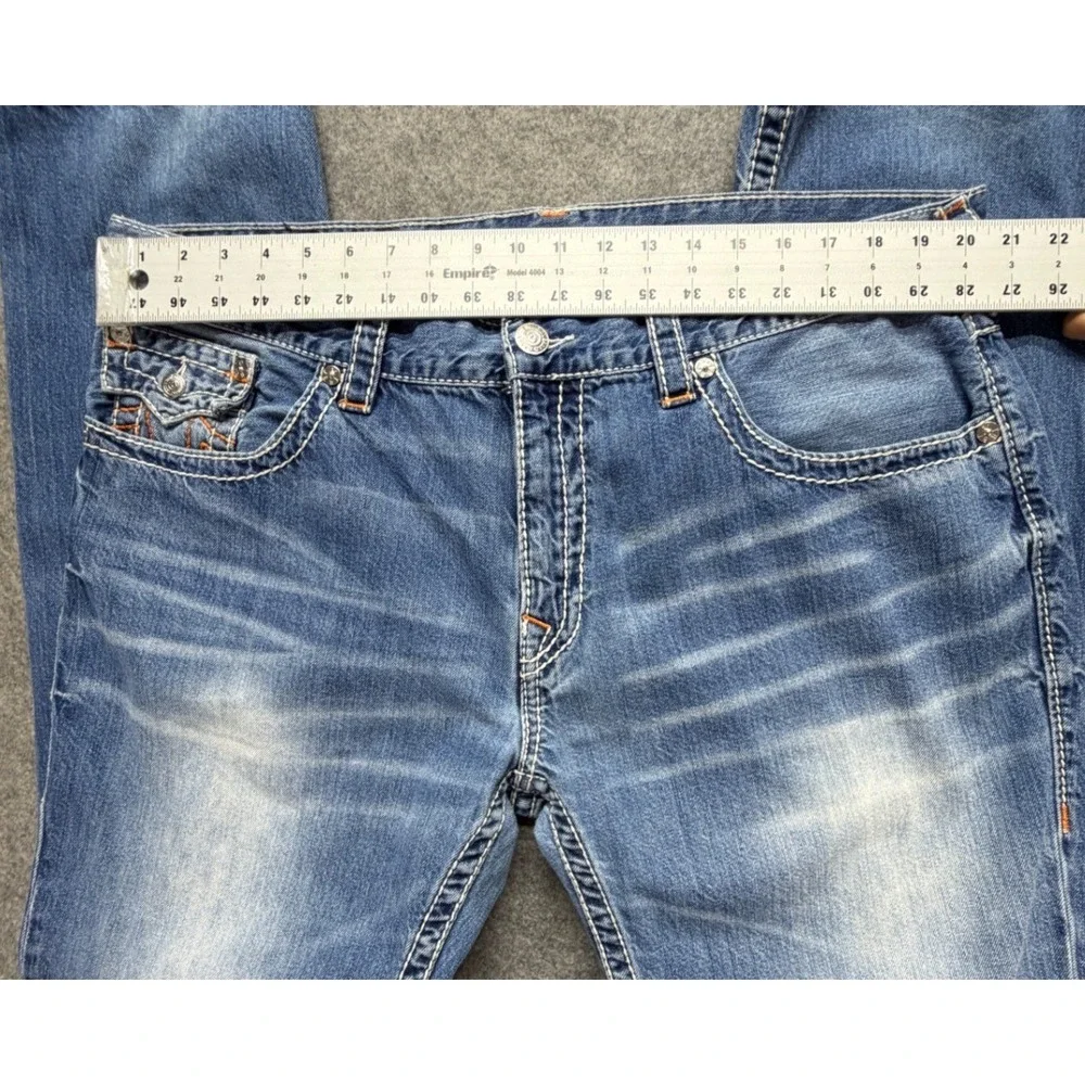 True Religion Skinny Leg Jeans Mens 42 Blue Whiskering Denim Thick Stitch Y2K